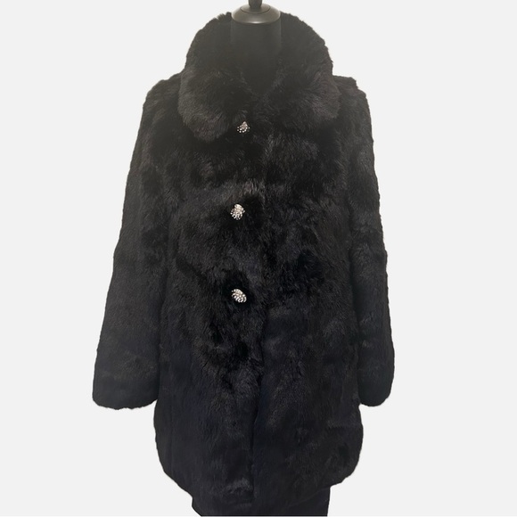 Kate Spade Faux Fur Coat with Jeweled Buttons Black Medium Luxury Black Tie